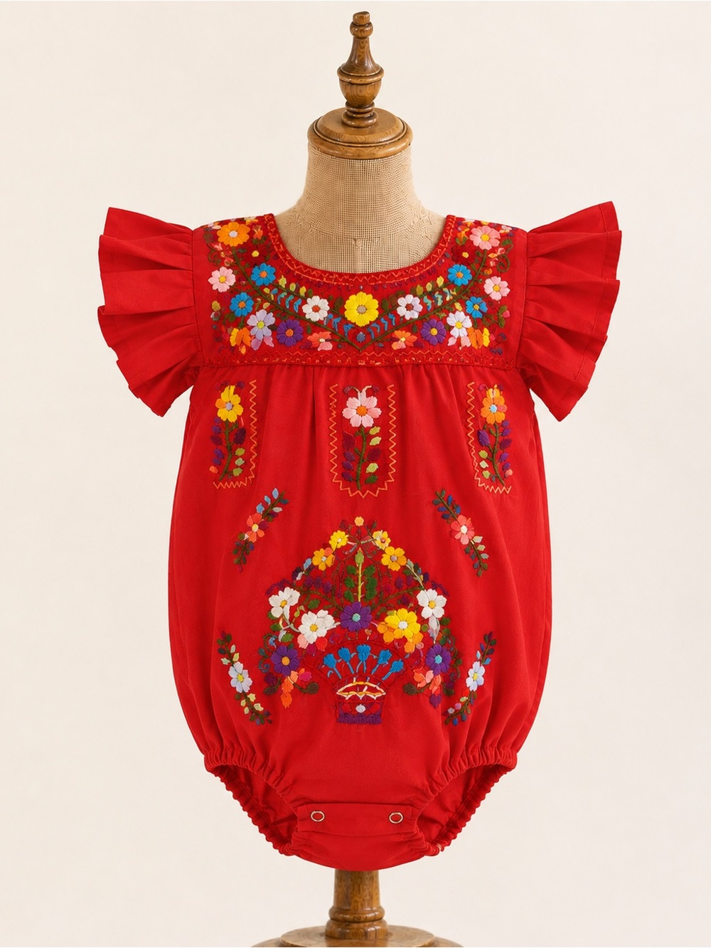 Red Floral Hand Embroidered Baby Romper